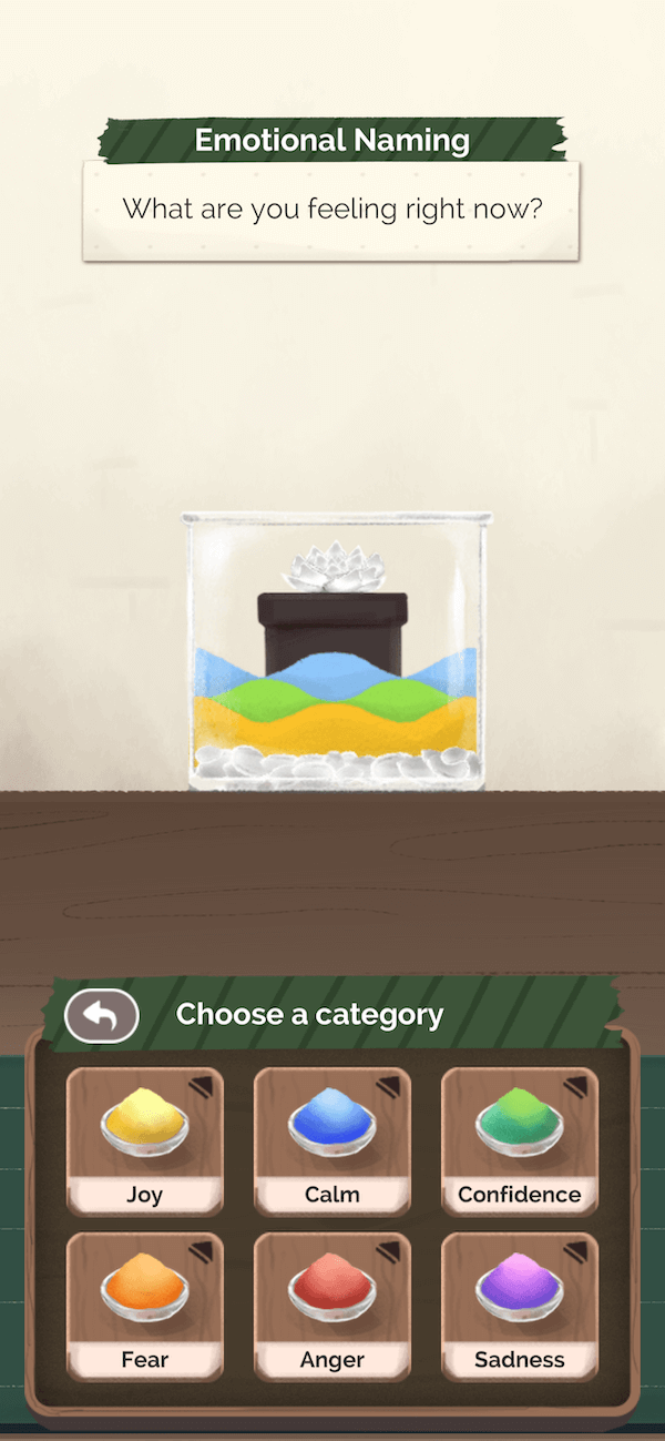 A screenshot from Kinder World depicting the user interface for an emotional naming activity. There is a straight-sided jar, partially filled with layers of differently coloured sand. There are 6 sand colour options to choose from.