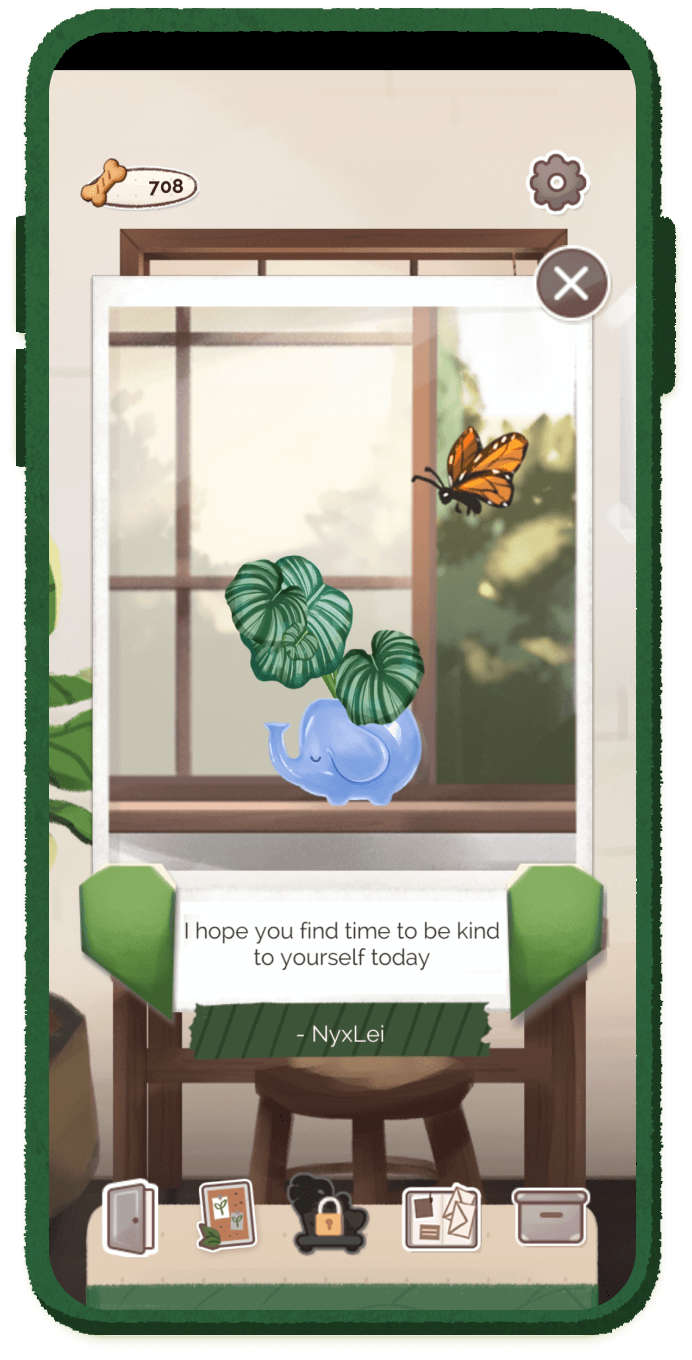 A phone screen showing a kind message received in the game. The message says 'I hope you find the time to be kind to yourself today' and includes an image of a butterfly hovering over a small plant in an elephant-shaped pot
