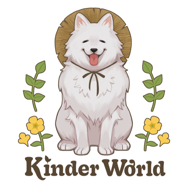 Kinder World logo with Samy wearing a hat and yellow flowers